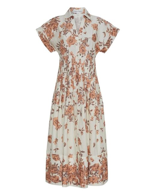 Cara Cara White Floral-Print Pleated Midi Day Dress
