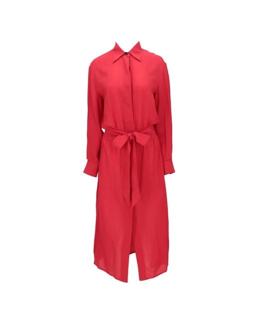 Isaia Red Belted Long-Sleeve Midi Dress