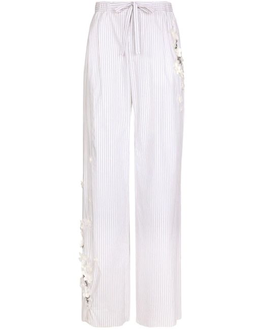 Dolce & Gabbana White Floral-appliqué Cotton Trousers for men