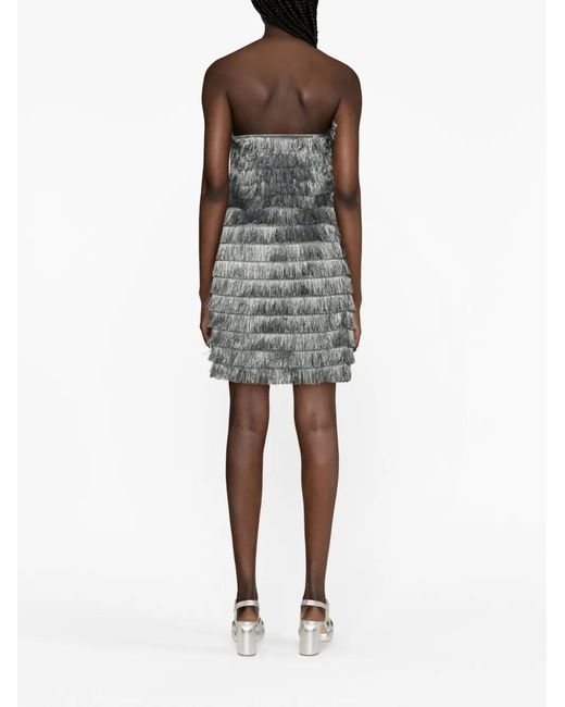 Alberta Ferretti Gray Fringed Strapless Short Dress