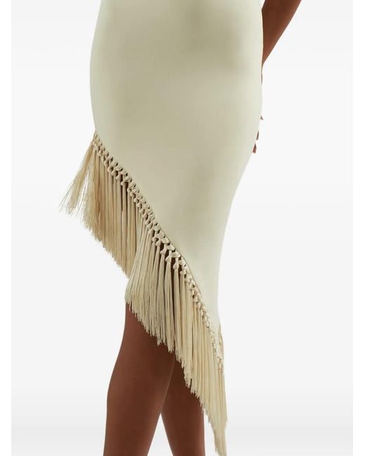 Taller Marmo White Yacare Fringed One-Shoulder Dress