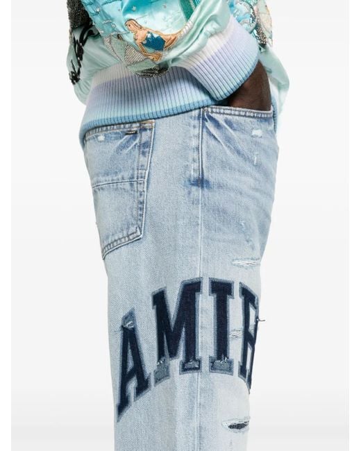 Amiri Blue Varsity Logo Repair Straight Leg Jeans for men
