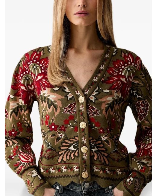 Farm Rio Brown Floral-Pattern Scallop-Hem Cardigan