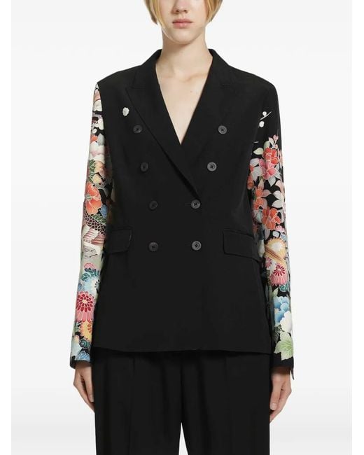 Ibrigu Black Floral-Print Double-Breasted Blazer