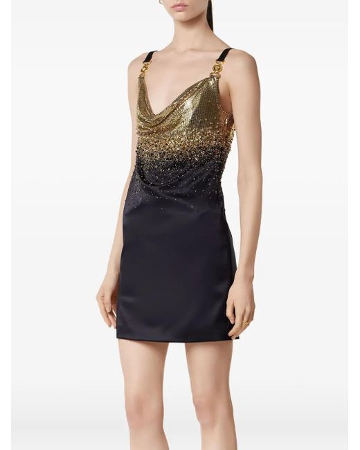 Versace Black Crystal Metal Mesh Satin Mini Slip Dress
