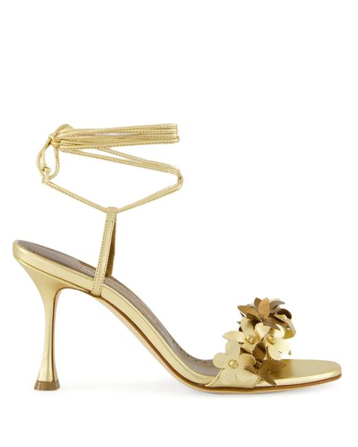 Manolo Blahnik Metallic Flower-Embellished High-Heel Sandals