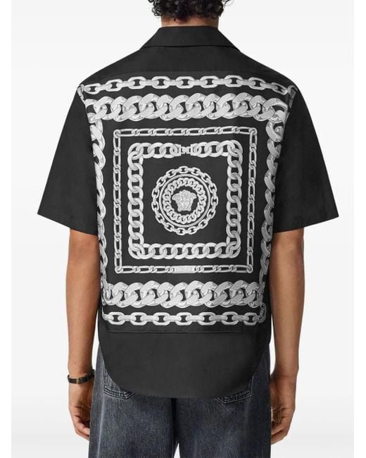 Versace Black Medusa Chain Camp-Collar Embroidered Printed Cotton-Twill Shirt for men