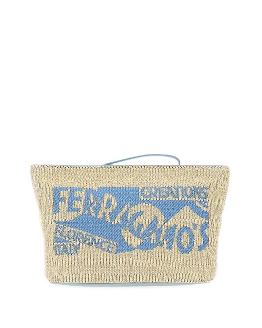 Ferragamo Blue Logo-embroidered Raffia Make Up Bag