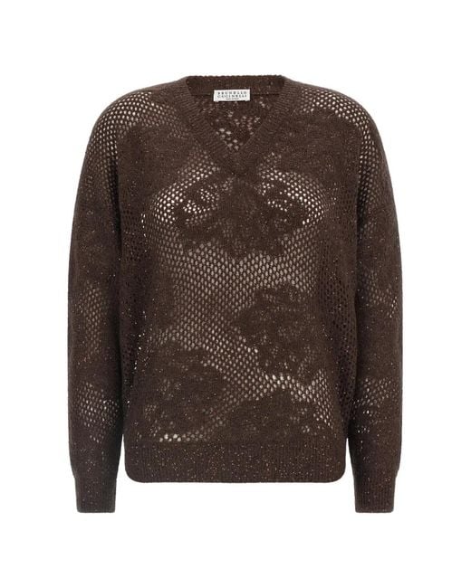 Brunello Cucinelli Brown Floral-Lace Sweater