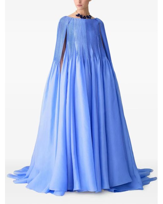 Carolina Herrera Blue Pleated Cape Gown