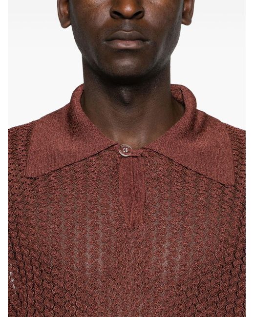 Bonsai Red Long-sleeve Open-knit Polo Shirt for men