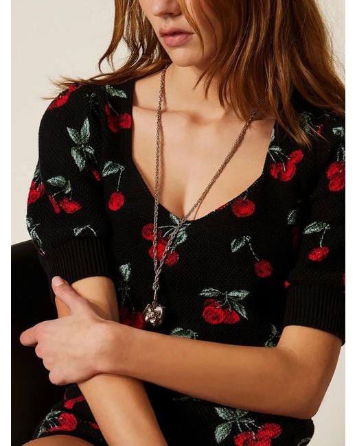 Twinset Black Cherry-Detail Short-Sleeve Sweater