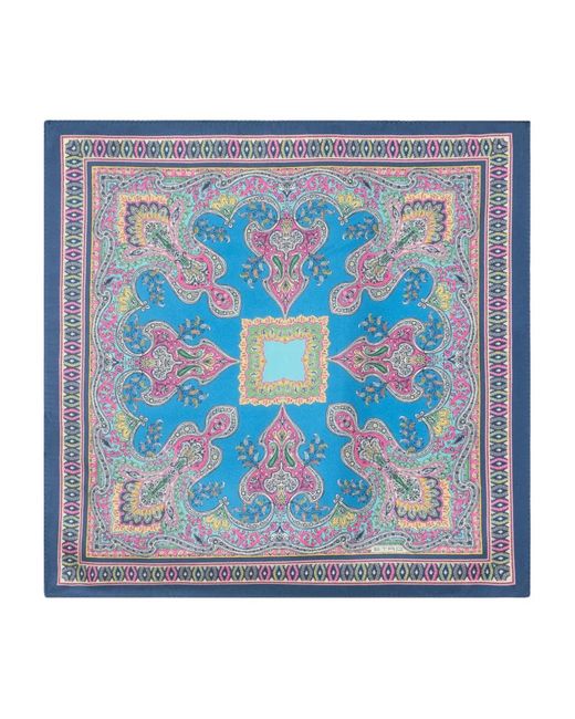 Etro Blue Silk Pocket Square With Floral Paisley Motif for men