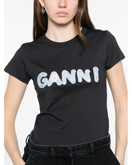 Ganni Black Logo Cotton T-Shirt