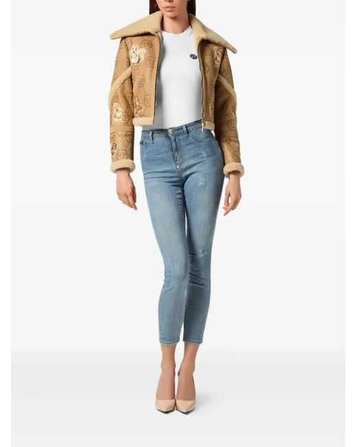 Philipp Plein Natural Monogram Embroidered Shearling Jacket