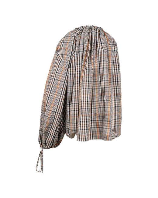 A.W.A.K.E. MODE Natural One-Shoulder Checked Blouse