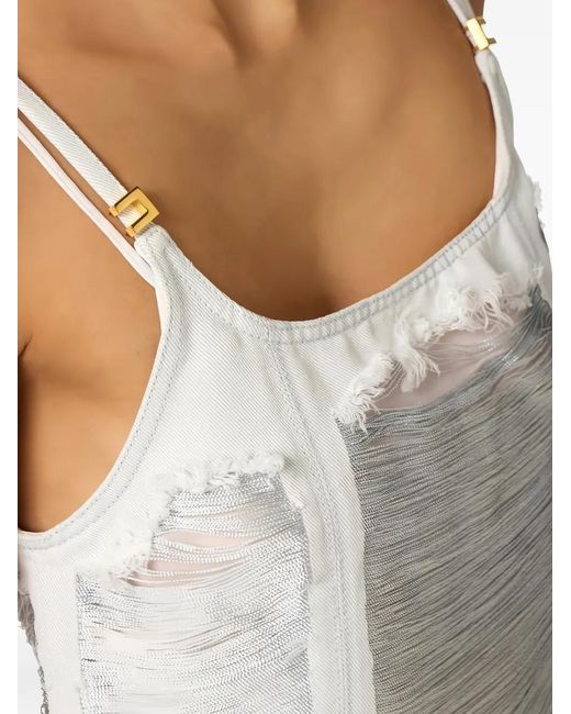 Elisabetta Franchi Gray Denim Mini Dress With Fringes
