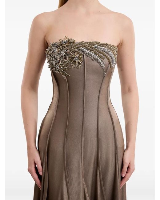 Gemy Maalouf Natural Bead-Embellished Strapless Maxi Dress