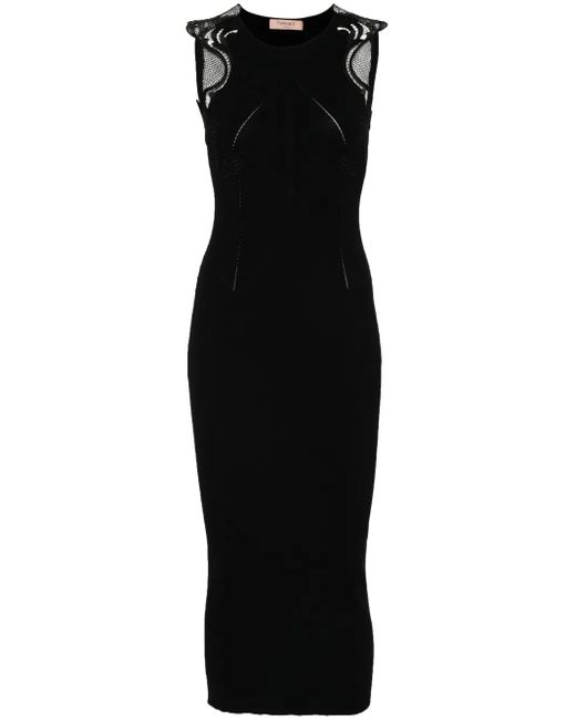 Twinset Black Midi Lace-Detail Ribbed Dress