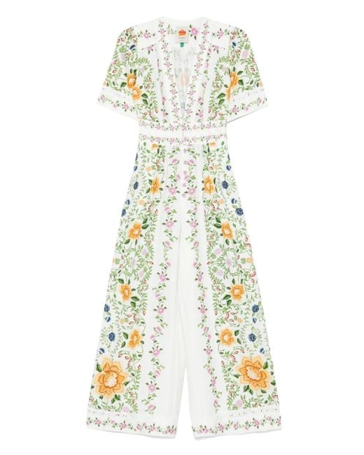Farm Rio White Folk Floral Jumpsuit