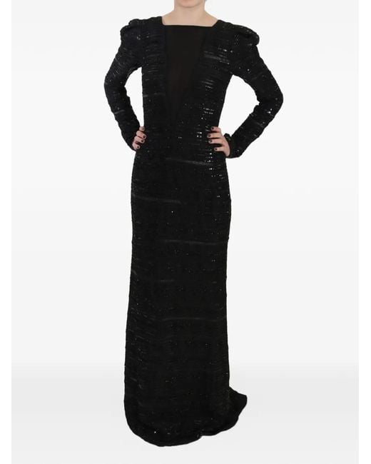 John Richmond Black Sequin-Embellished Boat-Neck Maxi Dress