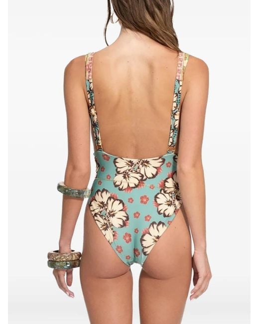Agua Bendita Blue Ellis Floral-Print Plunge Swimsuit