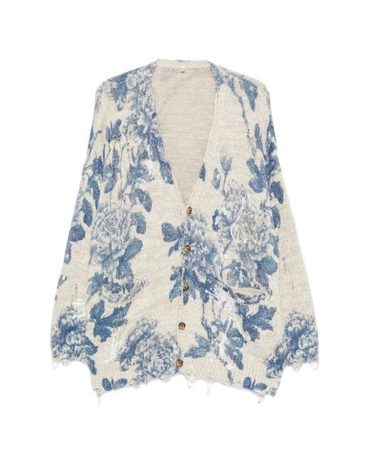 R13 Blue Floral-Print Distressed Cardigan