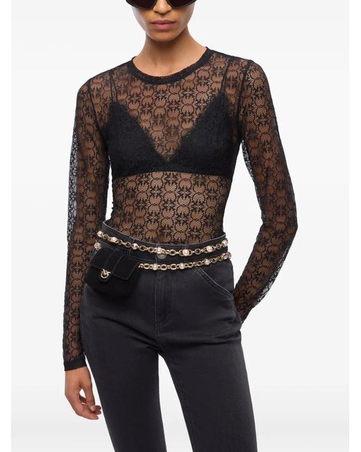 Pinko Black Stretch-Lace Sweater With Love Birds Logo Motif