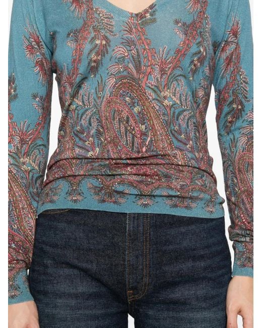 Etro Blue Paisley-Print V-Neck Top