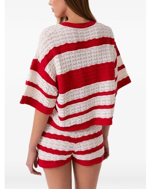 Gaelle Paris Red Striped Pointelle-Knit Sweater