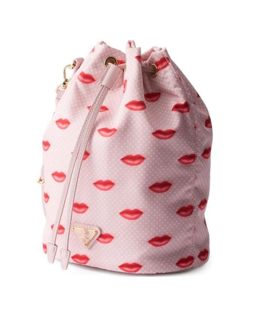 Prada Pink Re-Nylon Printed Drawstring Bucket Bag