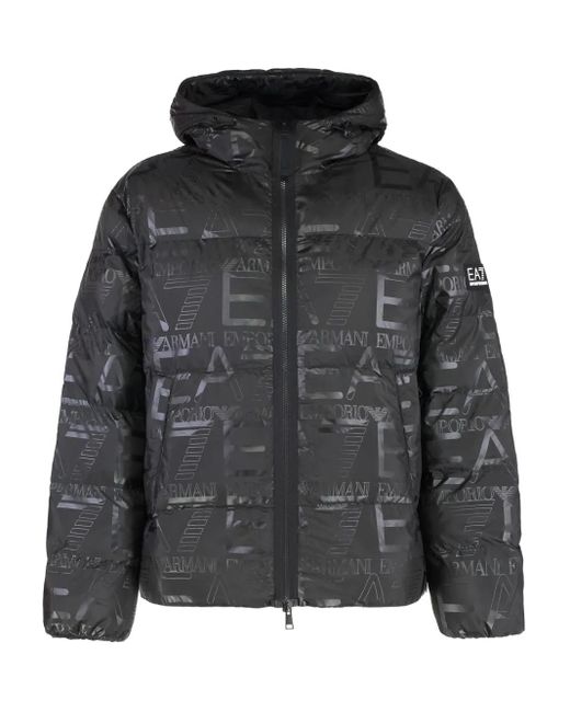 EA7 Black Logo-Print Hooded Down Jacket for men