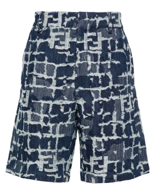 Fendi Blue Ff-distressed Denim Shorts for men