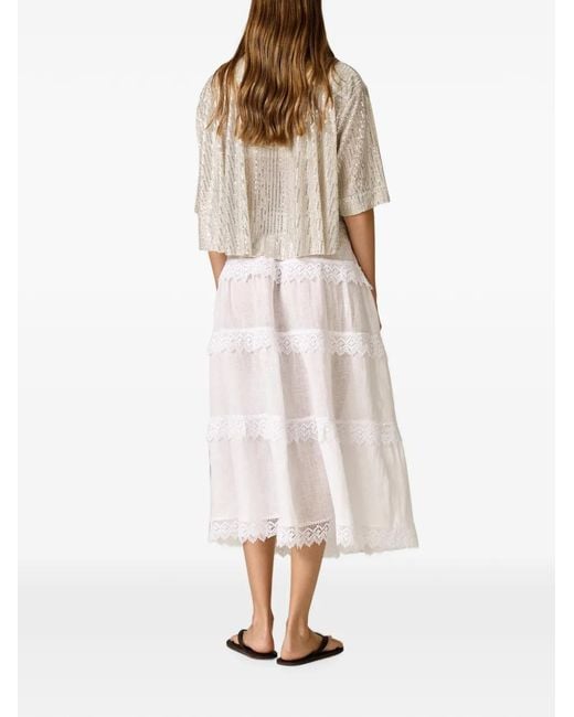 Pink White Lace-Trim Midi Skirt