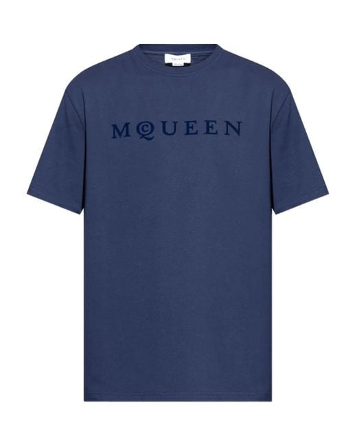 McQueen Blue Logo-Detailed Cotton T-Shirt for men