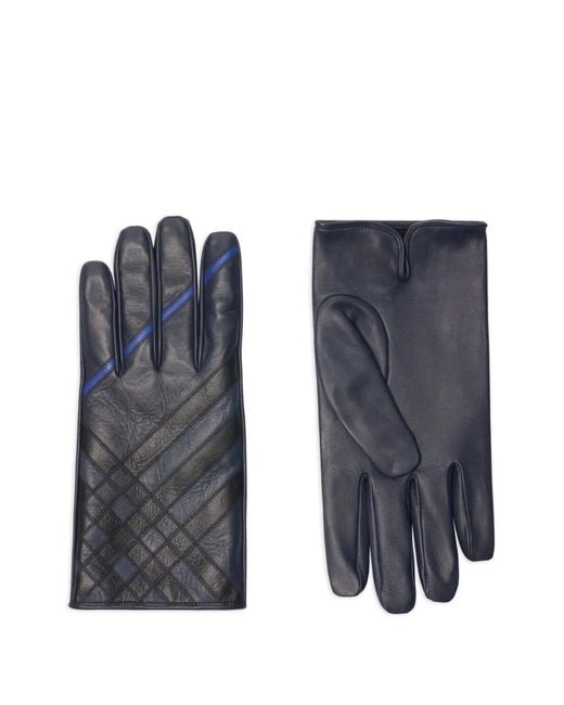 Burberry Blue Check Intarsia Leather Gloves