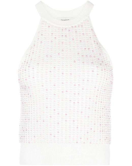 Sandro White Faux-pearl Ribbed-knit Top