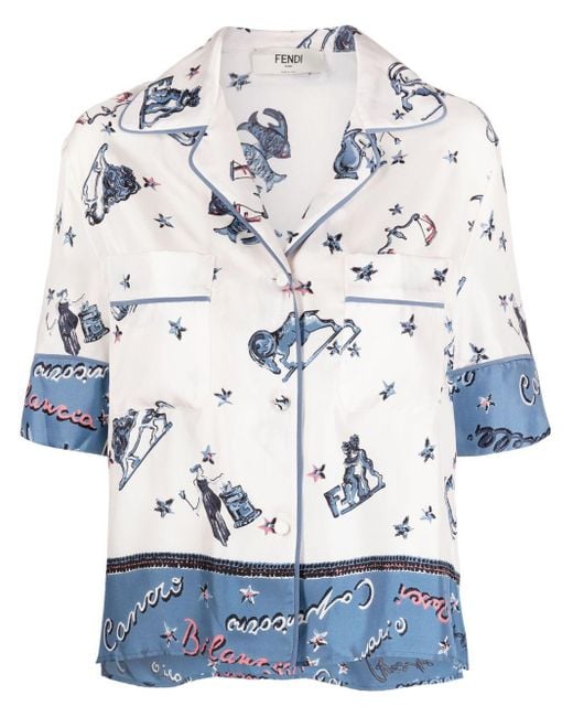Fendi Blue Astrology-print Silk Shirt