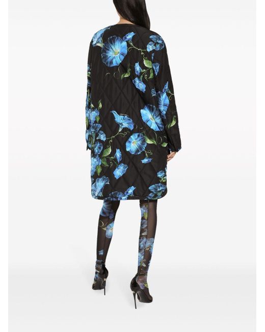 Dolce & Gabbana Black Floral-print Diamond-quilted Coat
