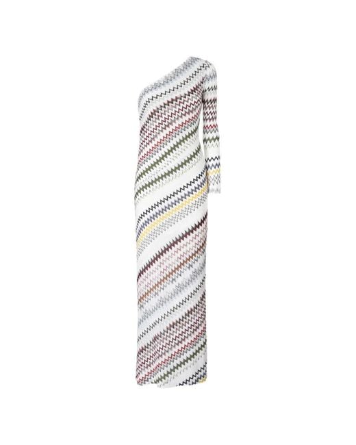 Missoni White One-Shoulder Long Dress With Herringbone Pattern
