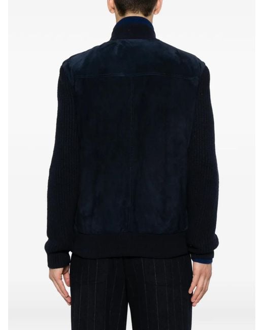Eleventy Blue Suede-Panelled Ribbed-Knit Jacket for men