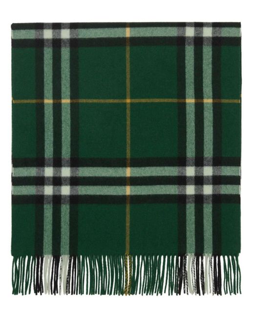 Burberry Green Check-print Fringed Cashmere Scarf
