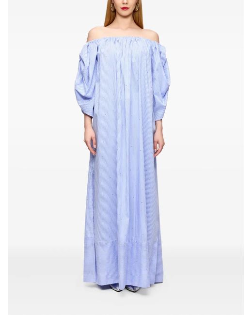 V:PM ATELIER Blue Mandy Off-Shoulder Striped Maxi Dress
