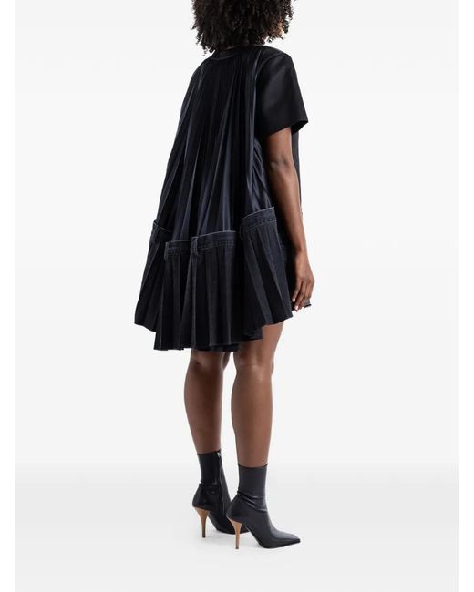 Sacai Black Hybrid Denim Pleated Asymmetric Dress