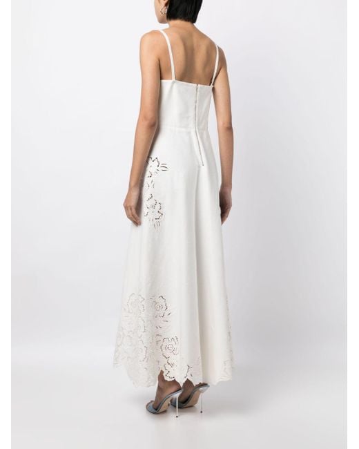 Elie Saab White Drill Floral-Embroidered Midi Dress