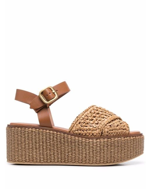 Tod's Leather Raffia Wedge Sandals in Brown - Lyst