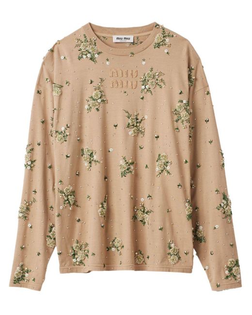 T-shirt en coton à appliqués fleurs Miu Miu en coloris Natural