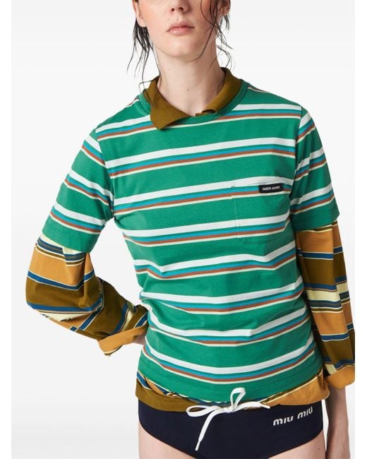 Miu Miu Green Striped Cotton T-Shirt