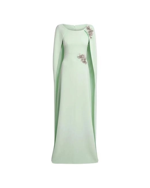 Safiyaa Green Yuna Crystal-Embellished Cape-Sleeve Maxi Dress
