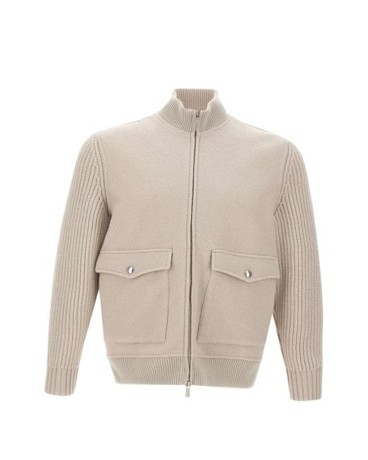 Eleventy White Cable-Knit Sleeve Zip-Up Bomber Jacket for men